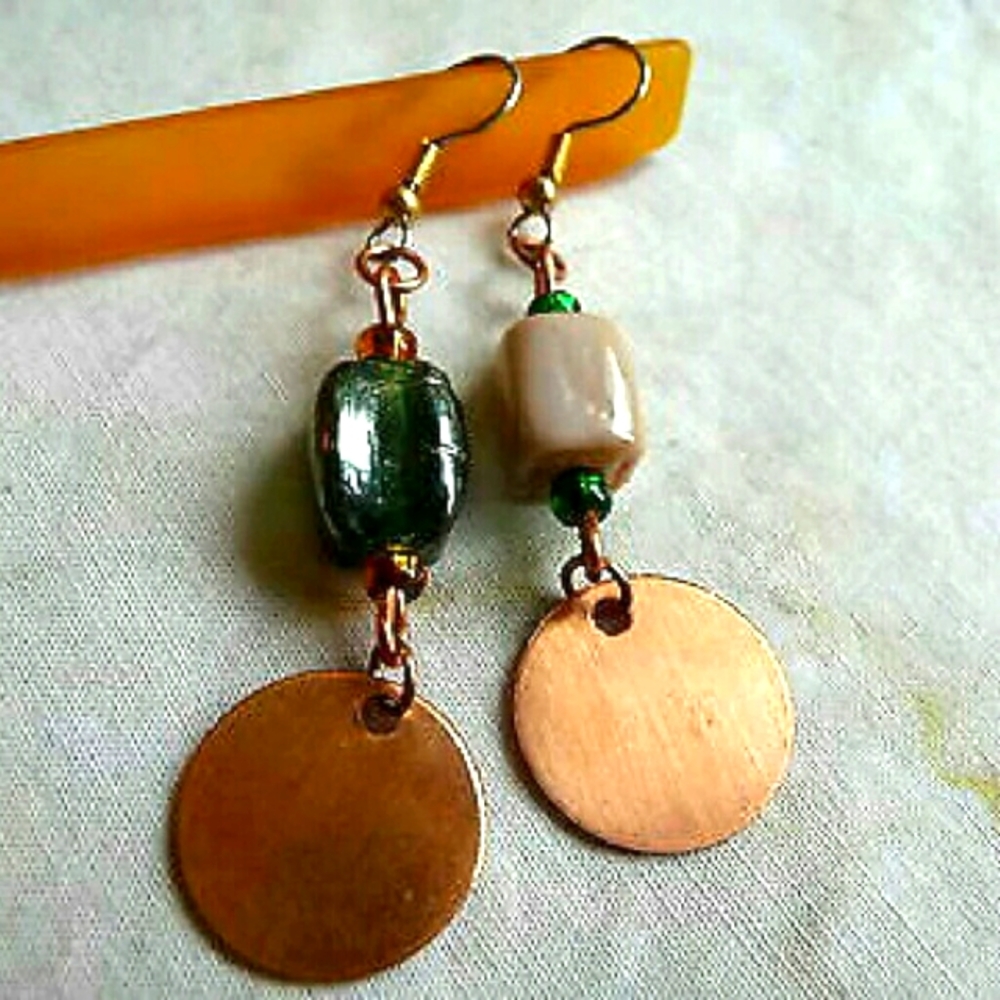 New Raw Copper Disc Drop Earrings, Glass Earrings